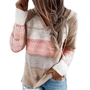 Autumn Women Patchwork Hooded Sweater Long Sleeve V-neck Knitted Sweater Casual <strong>Striped</strong> Pullover <strong>Jumpers</strong> New Female Hoodies - Product Image 1
