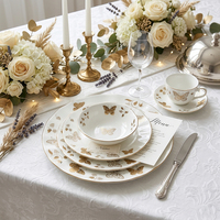 Service de vaisselle de luxe en porcelaine fine dorée motif papillon, assiettes rondes à bord ondulé pour mariage, dessert et salade