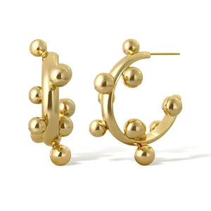 Fashon fine jewelry 18k gold plated c shape rope stud beaded hoop earring designs for women