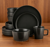 Service de vaisselle en porcelaine noire mate effet pierre, 16 pièces, jetable, compatible micro-ondes et lave-vaisselle, design moderne et robuste