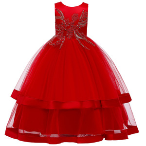 Robe de bal en tulle rouge pour filles, col rond, ornée de fleurs, robe de demoiselle d'honneur pour enfants - Product Image 5