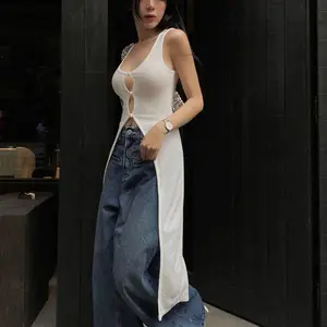 C Clothing White Casual Korean Style Women U-Neck Sleeveless Bodycon Long Tank Tops