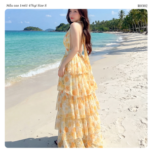 Women Floral Chiffon Tiered Maxi <b>Dress</b> Halter Neck A-Line <b>Summer</b> <b>Boho</b> Style Breathable Sleeveless Long Flowy ODM Vietnam - Product Image 2
