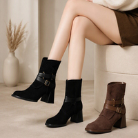 Bottines à talons carrés pour femmes, en daim, avec double boucle, détails cloutés, fermeture éclair latérale, bottes tendance, 2 couleurs