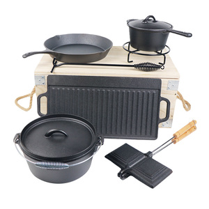 Ensemble de vaisselle de camping et de pique-nique en fonte pour l'extérieur avec boîte en bois pour cuisson/friture/plat à frire - Product Image 2