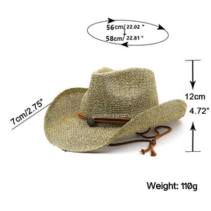 Cappello da cowboy occidentale in paglia di carta per uomo, a tesa larga, con protezione solare, cinturino sottogola e decorazione retrò con cordino, ideale per viaggi in spiaggia e attività all'aperto. - Product Image 2