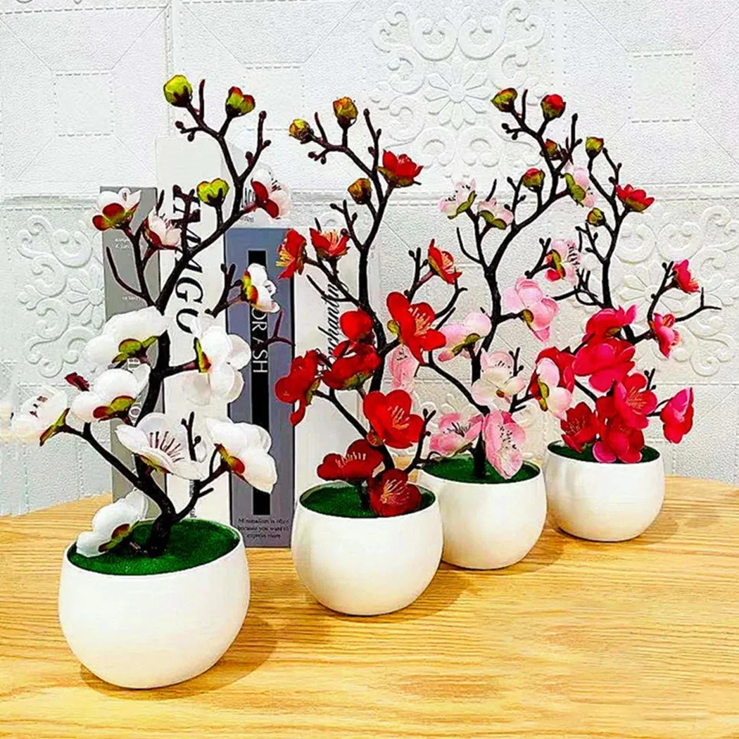 Bonsai Silk Flowers Plum Artificial Potted Plants Blossoms Simulation Winter Plum Branch Vases Wedding Home Room Decoration