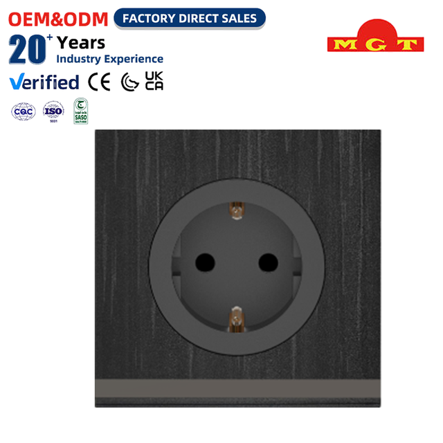 OEM Factory 1 Gang 16A Germany Wall Socket Black Brushed Finish 2 Pin Grounded Power Outlet Socketed