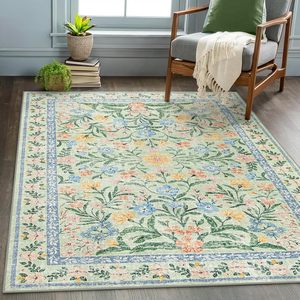 <span class=keywords><strong>Tapis</strong></span> d'intérieur bohème ultra fin, non pelucheux, à motifs floraux, lavable en machine, <span class=keywords><strong>rose</strong></span> et <span class=keywords><strong>vert</strong></span> doux, 5x7 - Product Image 1