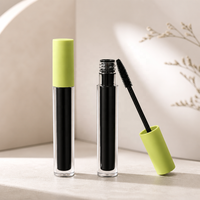 Mascara liquide noir 6,5 ml, cylindre transparent, bouchons verts mats, brosse à fibres spirales, approvisionnement en gros, logo personnalisé, maquillage cosmétique
