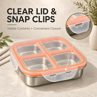 Boîte à lunch bento personnalisée en acier inoxydable 304, 3 ou 4 compartiments, avec couvercle transparent à fermeture sécurisée pour marques