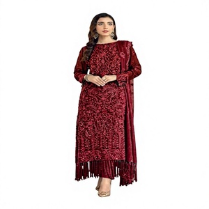 Elegante Salwar Kameez Rojo de Georgette con Bordado y Detalles de Flecos, Traje Étnico Tradicional Indio-Pakistaní para Bodas y Fiestas, Resistente a las Arrugas - Product Image 1