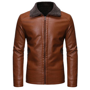 Veste en similicuir marron pour homme, col montant, épaisse, écologique, vintage, coupe ajustée, streetwear décontracté, face en cuir PU - Product Image 1
