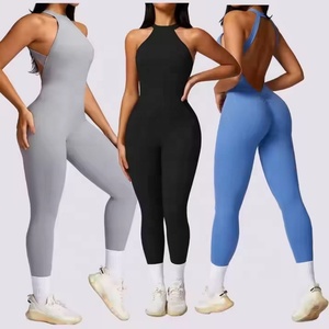Combinaison de sport personnalisée pour femme, vêtements de fitness, tenue de sport compressive, douce, légère, dos ouvert, effet froncé - Product Image 2