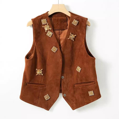 New Arrival Women Vest Elegant Sheepskin Suede Leather Vest With Handmade Jewelry Decoration