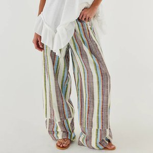 <span class=keywords><strong>Pantaloni</strong></span> <span class=keywords><strong>Palazzo</strong></span> da Spiaggia Larghi da Donna Personalizzati con Strisce Verticali Colorate, Vita Elastica con Coulisse, <span class=keywords><strong>in</strong></span> Misto <span class=keywords><strong>Lino</strong></span> - Produttore - Product Image 2