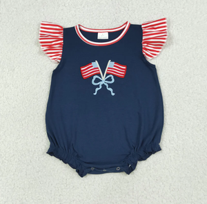 Combinaisons décontractées respirantes en polyester/coton pour bébés filles, avec volants, nœuds et drapeaux brodés, pour le 4 juillet - Product Image 1