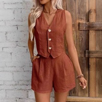 Ensemble tunique et short large en lin uni, style décontracté, col en V, pour femme, idéal été et trajets quotidiens (inspiration européenne et américaine)