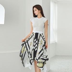 Droma韓国スタイルエレガントで気質ラウンドネックスリム半袖トップハイウエストプリントスカートレディース2ピースセット - Product Image 5