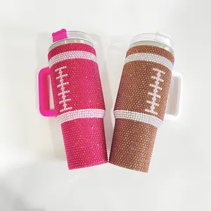 Gift for rugby lover 40oz hot pink and brown Rugby print bling rhinestone diamond tumbler with handle lid and straw