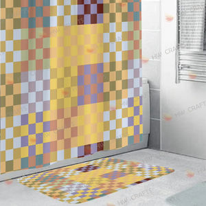 Retro Yellow Checkered Shower <strong>Curtain</strong> With Big Rug, Grid Groovy <strong>Funky</strong> Cute Fabric Waterproof Bathroom Set With Hooks/ - Product Image 1