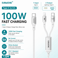 SAMZHE - Cable de Datos Tipo C 2 en 1 Trenzado Blanco de 1.5 m, PD100W 5A, Cable de Carga Rápida Tipo C/L para iPhone 14/13/12/11, iPad, CarPlay