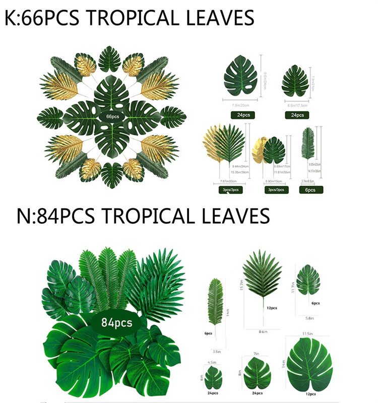 Hot Selling 3 sizes Tropical Artificial  Palm leaves for  Hawaii  Birthday Party Wedding Table Decoration