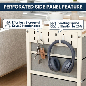 Table de chevet avec roulettes, table de chevet avec panneau perforé, table de chevet pour chambre à coucher, table d'appoint à 3 niveaux avec tiroirs en tissu - Product Image 4