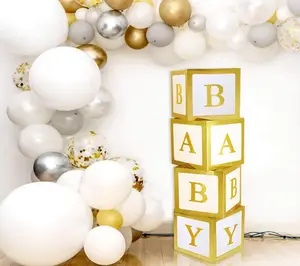 热卖婴儿淋浴婴儿字母黑色塑料立方体透明盒A-Z字母金色白色派对婴儿盒子