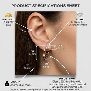 Elegantes Pendientes de Aro de Oro de 22K con Diamantes para Mujer, Diseño Triangular Moderno y Acento de Esmalte Negro - Product Image 5