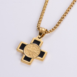 Collier croix Saint Benoît en or 18 carats, pendentif religieux en acier inoxydable avec chaîne en forme de boîte, <span class=keywords><strong>style</strong></span> chrétien tendance - Product Image 1