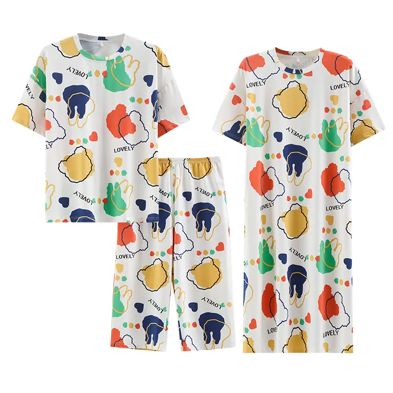 Sommer 3 Stück Damen Pyjama Freizeit Kurzarm Home Wear Baumwolle Nachtwäsche für Damen Set