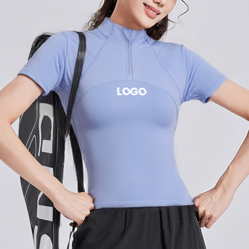 Oem Summer Custom Women'S Quick Dry Breathable Slim Fit Half Zip Yoga Tennis Tops Short Sleeve Gym T-Shirt With Back Mesh Design