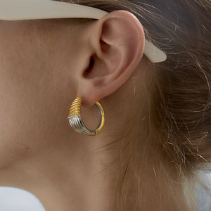 Hoop Earrings Stainless Steel Gold Silver Two Tone Crystal Inlay Everyday Wear Geometric Design Oval Shape - Product Image 3