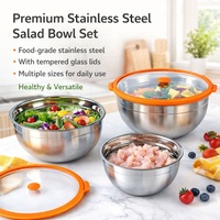 Bol à salade professionnel en acier inoxydable 1,4 L/2,8 L/4,7 L avec couvercle en verre trempé anti-fuite pour chefs et entreprises de restauration