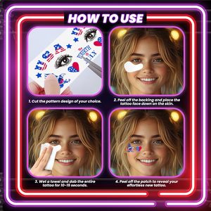 Autocollants de tatouage temporaire lumineux personnalisés qui brillent sous la lumière noire UV pour le Jour de l'Indépendance, le 4 juillet, peinture faciale - Product Image 6