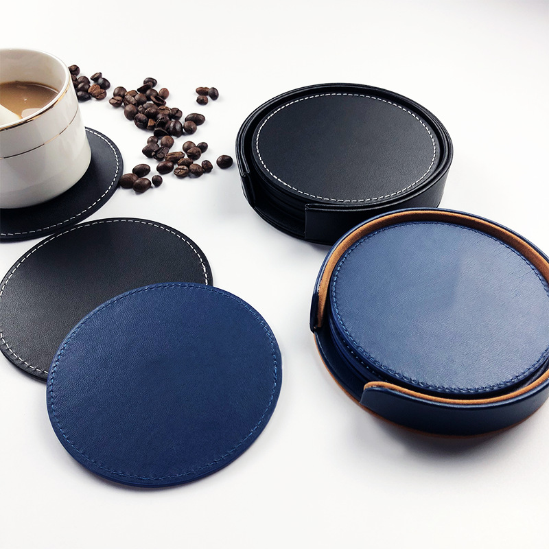 Ensemble de sous-verres en cuir PU noir, fait à la main, Durable et plus épais, avec support de dessous de verre, bon marché