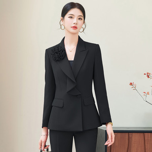 Women's Suit Sets Solid Color Polyester Fiber Spring Work Casual Two Piece Set With Floral Decor Flared Trousers - Product Image 2