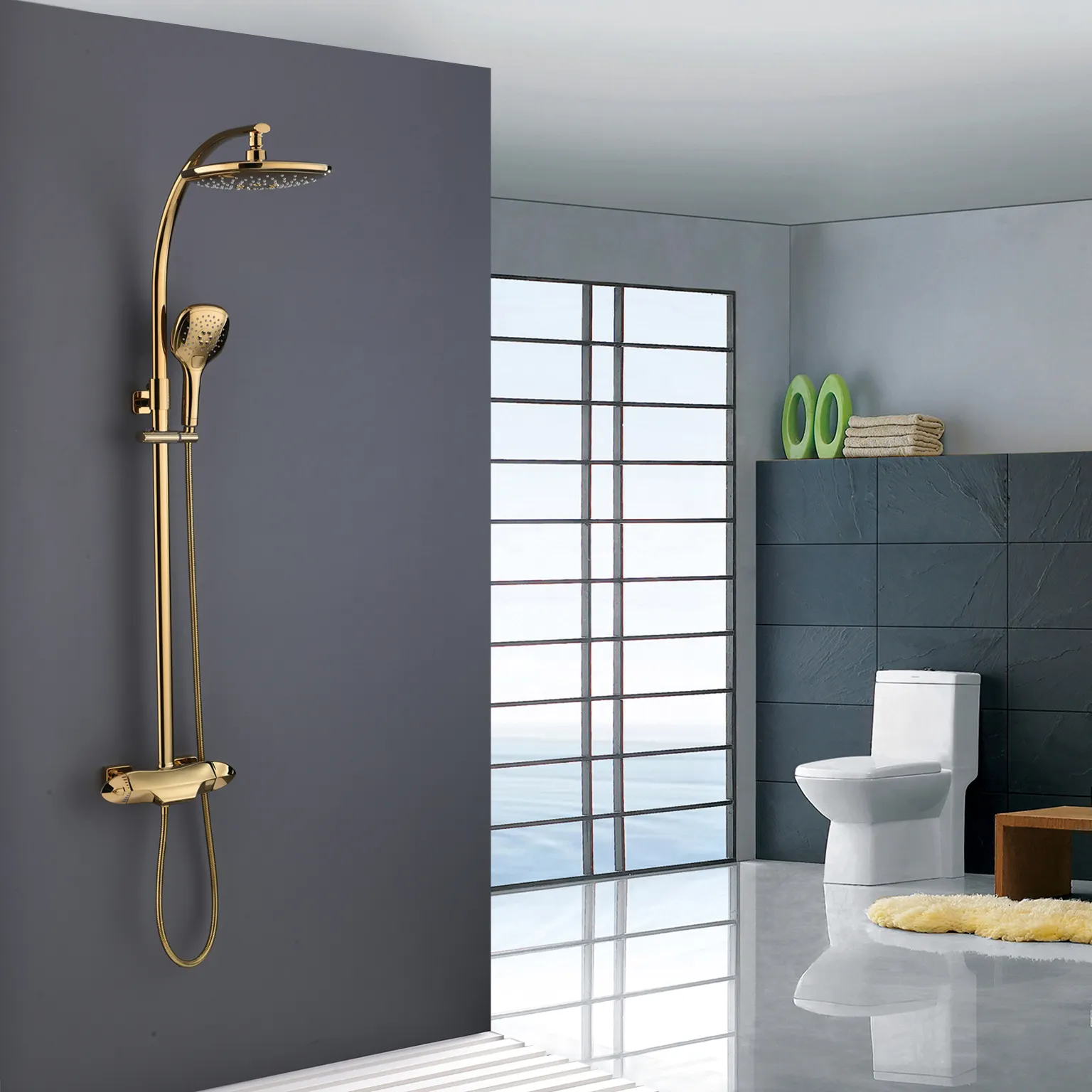Modern Golden Waterfall mixer brass thermostatic gold shower faucet set