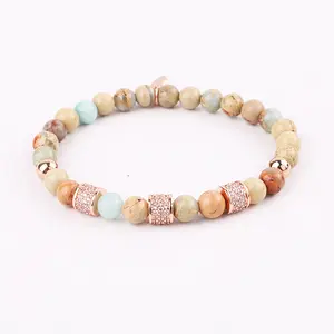 Jewelry Factory OEM Natural Stone Beaded CZ Pave Charm Customized Laser Engrave Logo Handmade Elastic Gemstone Bracelet Women