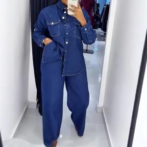 Completo Due Pezzi da Donna Sehe Fashion Nuovo con Cardigan Bavero e Tasche, Top a Maniche Lunghe e Pantaloni a Gamba Dritta in Denim - Product Image 1