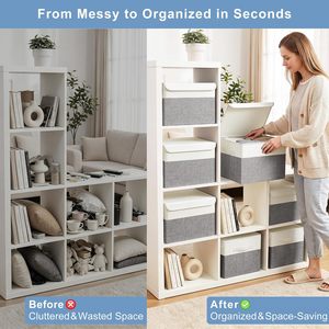 <b>Large</b> 22 Quart Linen Fabric Foldable Stackable Minimalist Storage <b>Bin</b> Flip-Top Lid Handles 4 Pack Gray White - Product Image 2