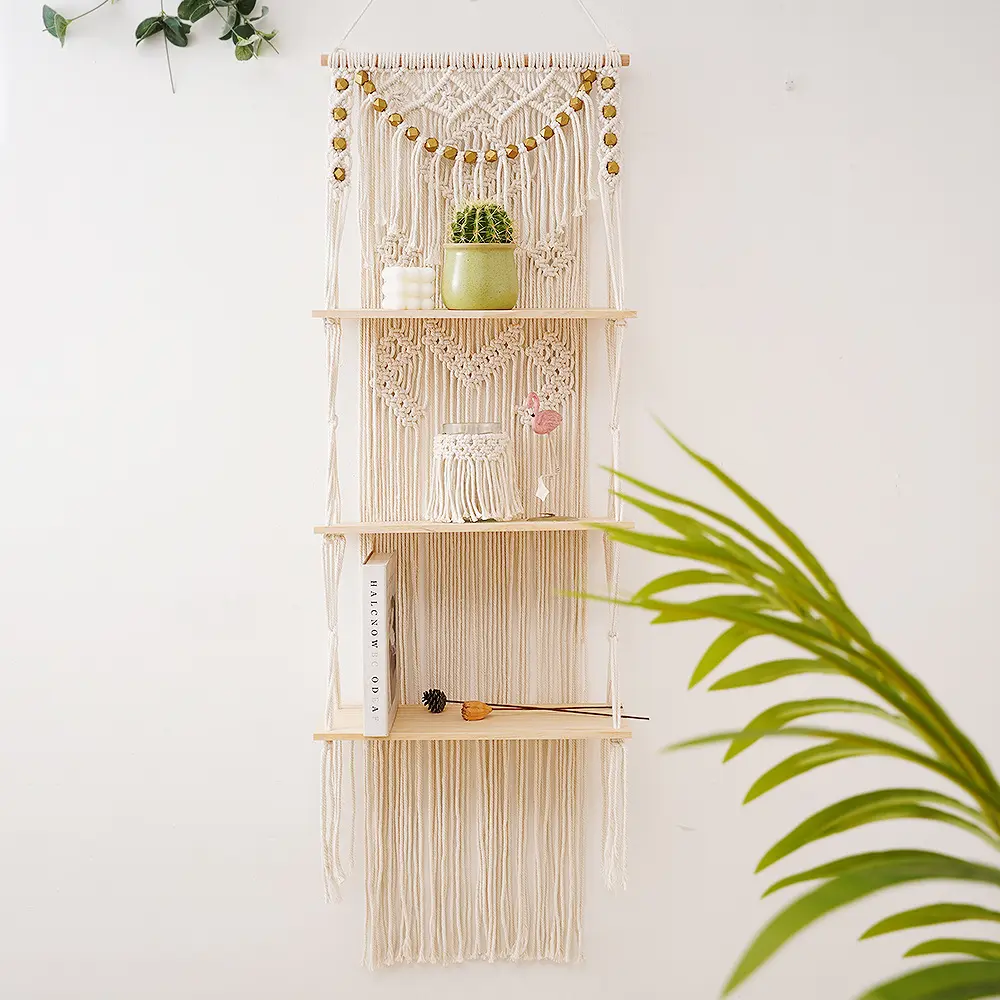 Handmade Boho Floating 3-Tier Macrame Wall Hanging Plant Shelf for Plants and Home Decor
