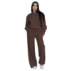 Herfst Winter Custom Logo Hoge Kwaliteit Effen Kleur Dames Crew Neck Lange Mouw Wijde Pijpen Broek Relaxed Fit Dames Tweedelig Set - Product Image 4