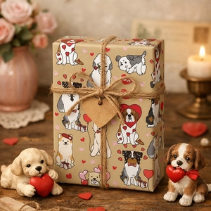 Kraft Puppy Love Wrapping <b>Paper</b> <b>Roll</b> Brown Gift <b>Wrap</b> with Cute Dog Pattern Love Hearts - Product Image 1