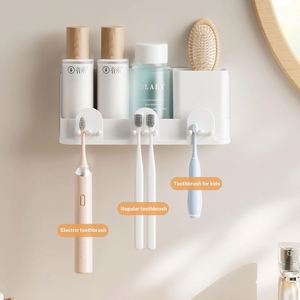 Portable Plastic Three-piece Set Modern Wall-Mounted <b>Toothbrush</b> <b>Holder</b> with Toothpaste Dispenser Cups - Product Image 2