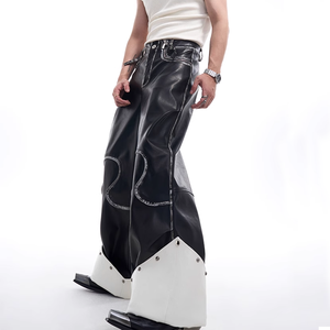 <span class=keywords><strong>Pantaloni</strong></span> da <span class=keywords><strong>uomo</strong></span> di nuova moda a gamba larga rivetti Patchwork in finta pelle lavata svasata <span class=keywords><strong>pantaloni</strong></span> a vita media stile Street ricamati - Product Image 3