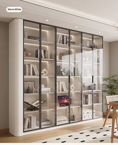 XHA Oak <b>Solid</b> <b>Wood</b> Modern Large Capacity Five-Tier <b>Bookcase</b> Display Cabinet Curved Glass Doors Custom-Made Wall-Mounted - Product Image 2