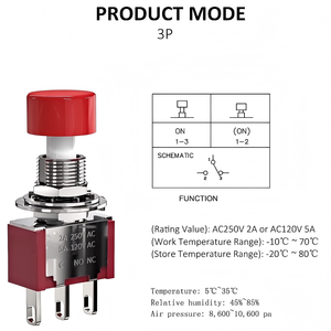 लाल क्षणिक पुश बटन स्विच 1nc 6 मिमी बढ़ते छेद आईपी 65 स्तर धातु इलेक्ट्रॉनिक संरचना अधिकतम वोल्टेज 250v - Product Image 3