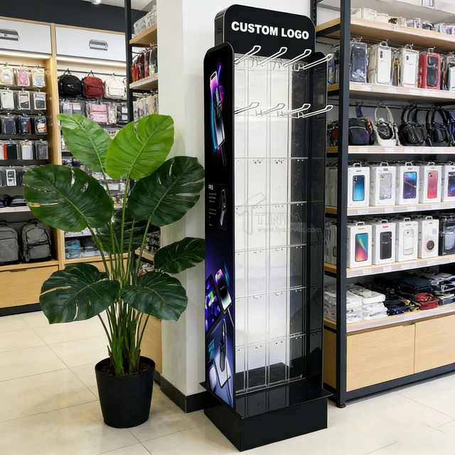 LED Floor 360° Phone Display Holder Racks Custom Logo Acrylic Mobile Accessories with Hooks Standing Charger Cables Shop-sale